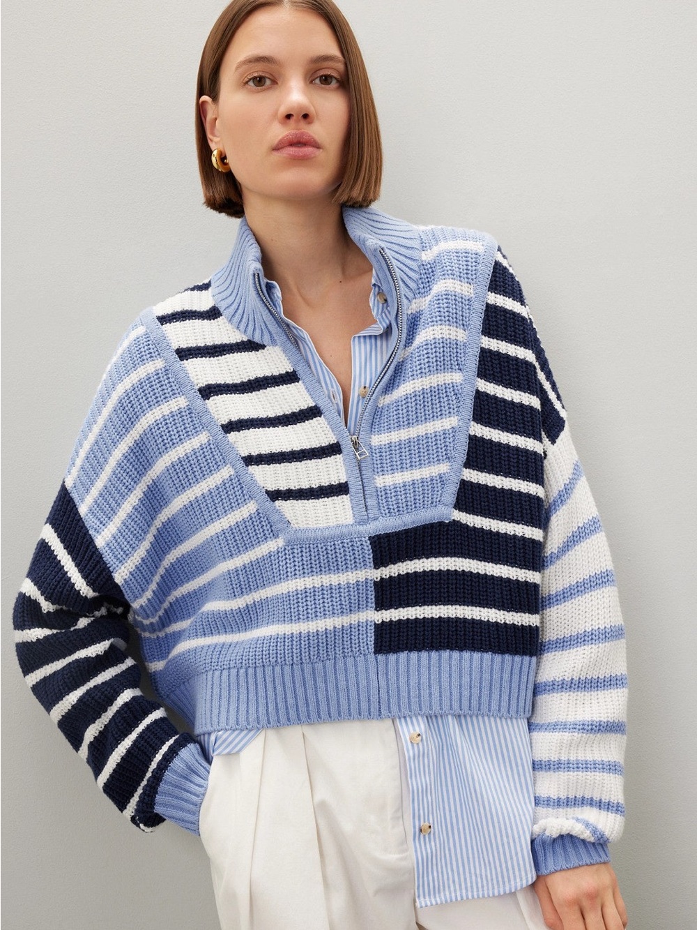 STAUD Inspired Blue Patchwork Striped Quarter Zip Sweater XS